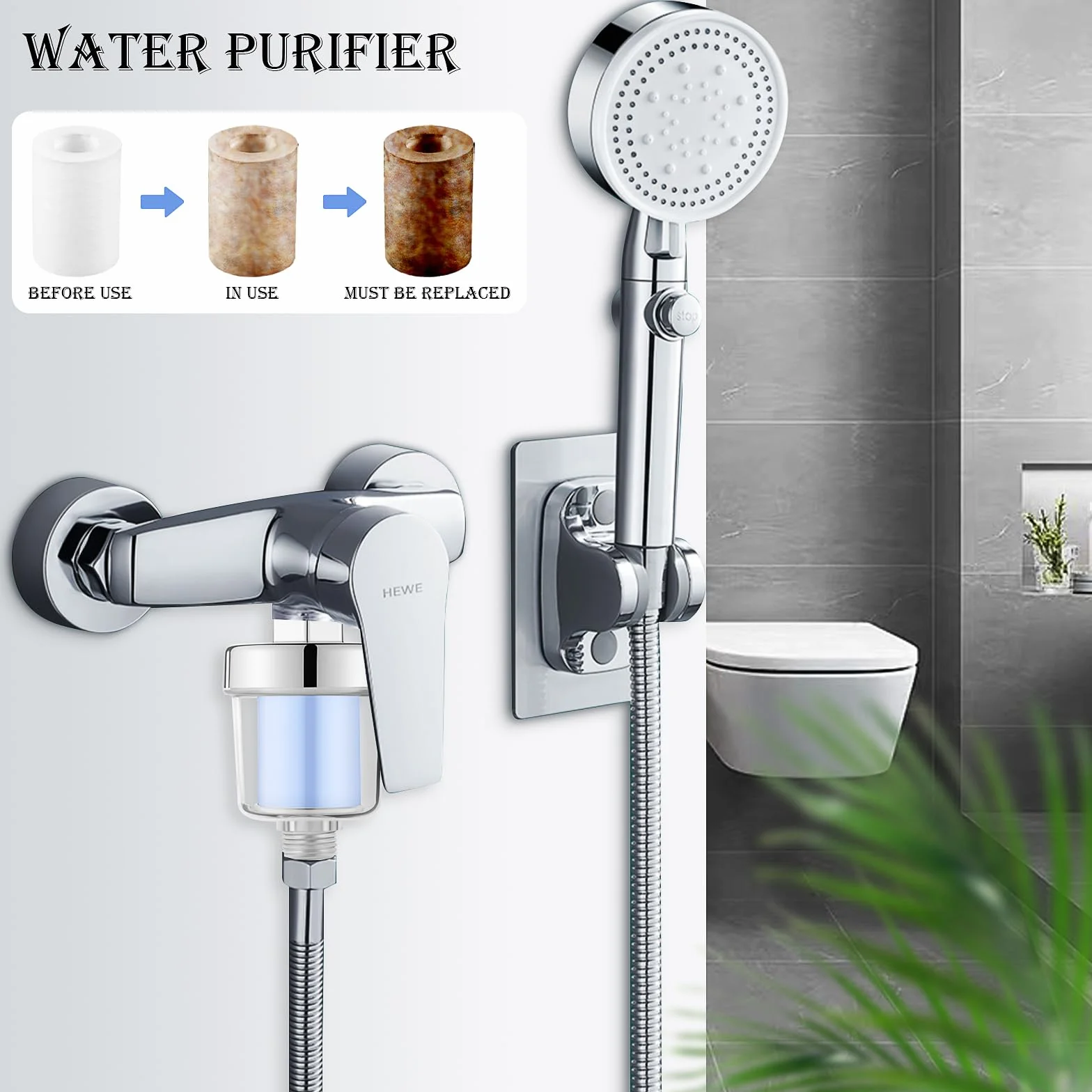 Filtr prysznicowy RUNEAY, filtr do prysznica z węglankami, filtr prysznicowy z 1 taśmą teflonową i 6 wkładami filtra, filtr wody do prysznica Water Filter Shower Filtr prysznicowy