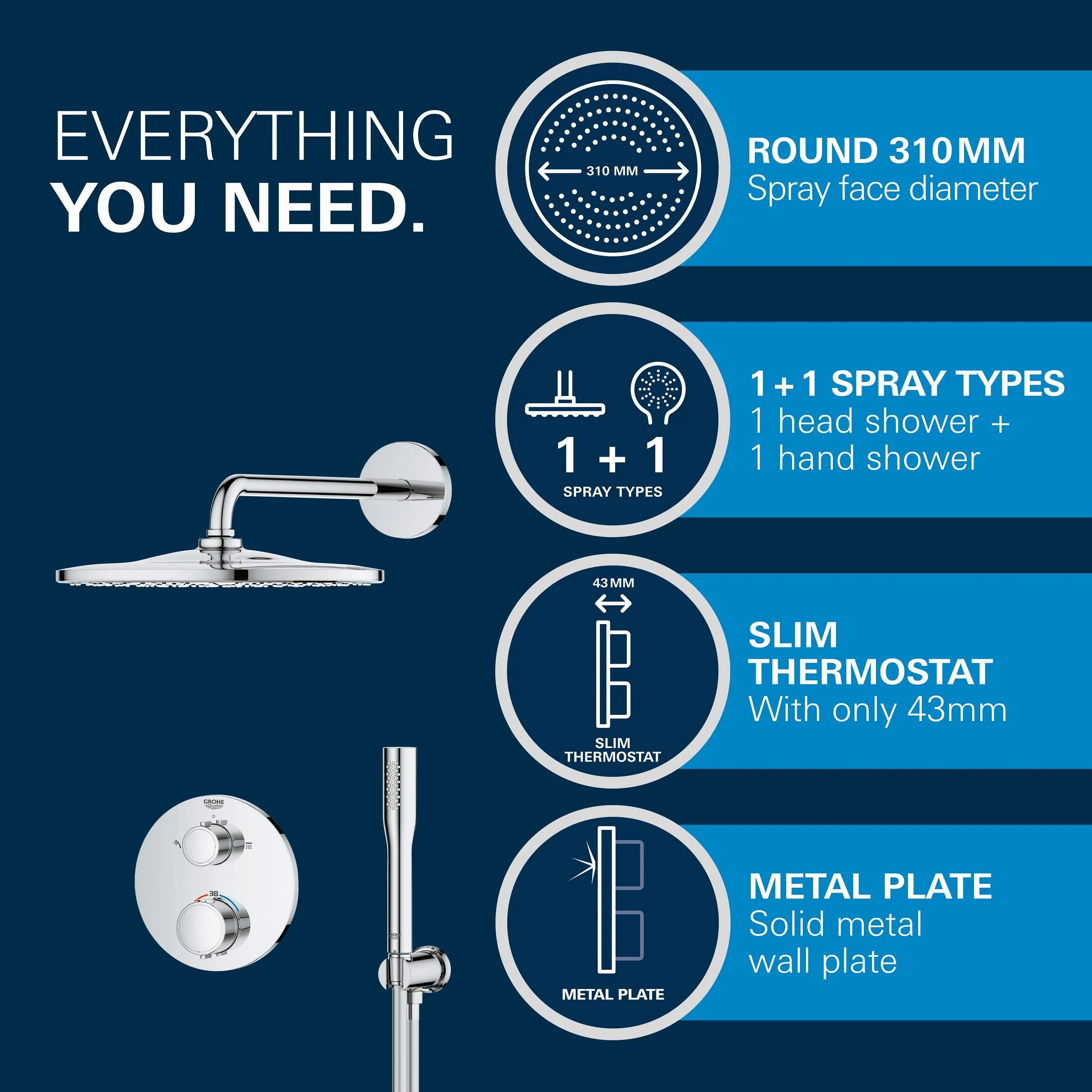 GROHE Precision 310 – system prysznicowy (głowica prysznicowa 310 mm z 1 rodzajem strumienia, 1 strumień, uniwersalne pudełko do zabudowy, wąż prysznicowy 150 cm), okrągły, chrom, 34880000