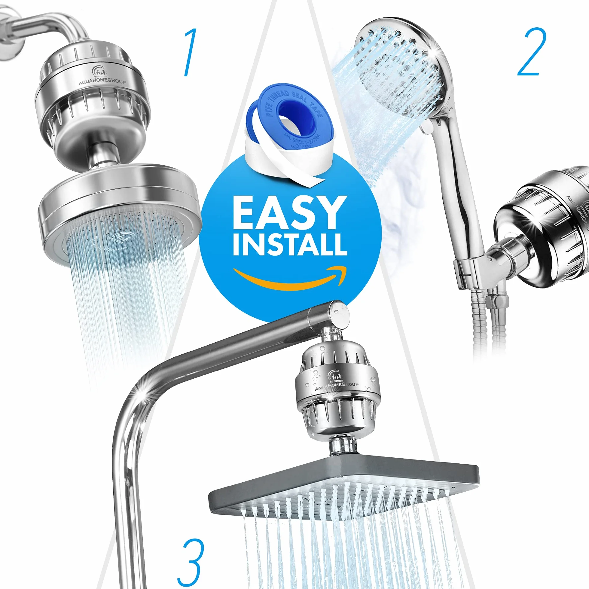 AquaHomeGroup 20-stopniowy filtr prysznicowy z witaminą C – filtr do wody do usuwania chloru i fluoru – w zestawie 2 nasadki – stały przepływ wody, głowica prysznicowa, filtr osadowy