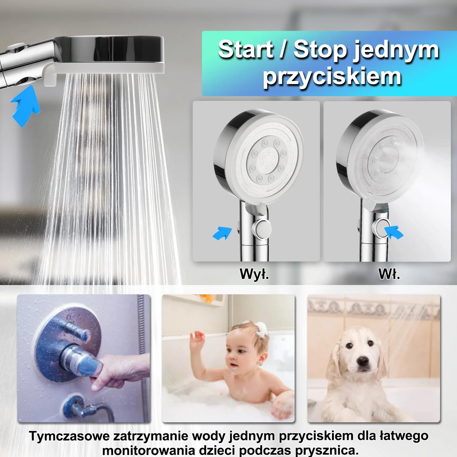 Słuchawka Prysznicowa z Filtrem – Wysokociśnieniowa Słuchawka Prysznicowa, Głowica Prysznicowa z 5 Rodzajami, Funkcja Zatrzymywania, Oszczędzająca Wodę Słuchawka Prysznicowa, Chrom Biały