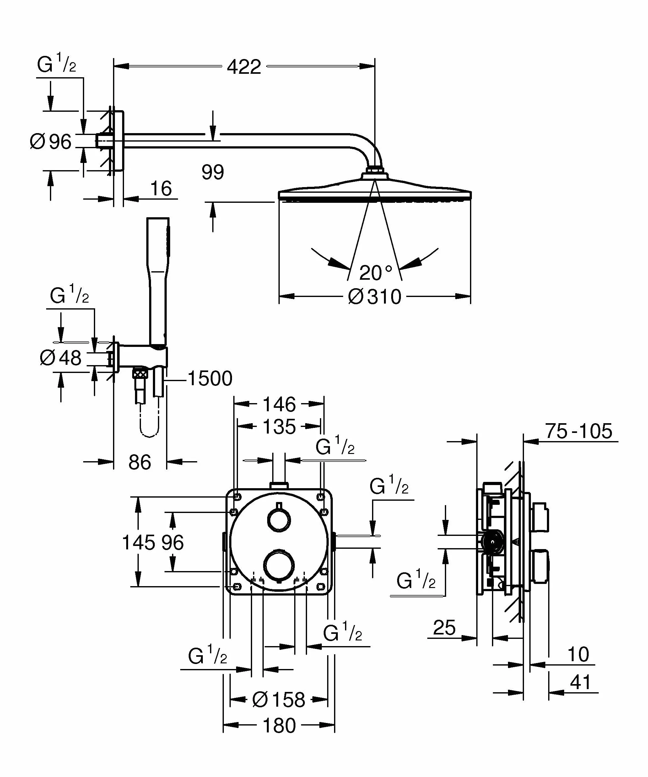 GROHE Precision 310 – system prysznicowy (głowica prysznicowa 310 mm z 1 rodzajem strumienia, 1 strumień, uniwersalne pudełko do zabudowy, wąż prysznicowy 150 cm), okrągły, chrom, 34880000