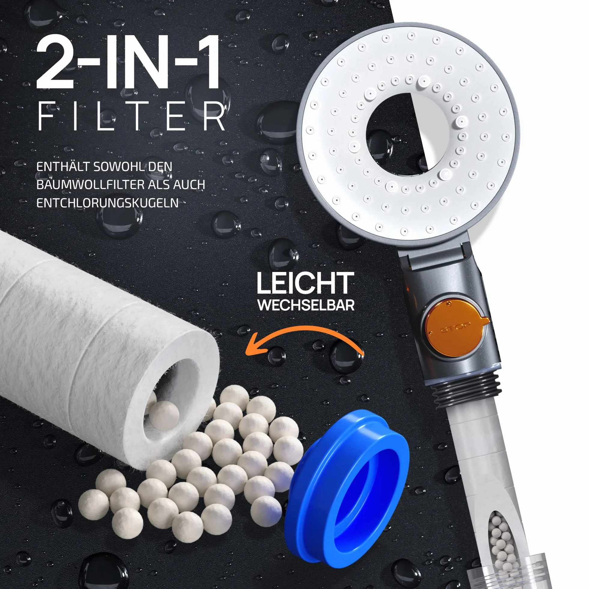 POWERLAP® Wymienny filtr do głowicy prysznicowej | 2 w 1 filtr PP-bawełniany dla oczyszczonej i miękkszej wody | funkcja POWERWASH dla zdrowego prysznica oszczędzającego wodę, wolnego od kamienia i