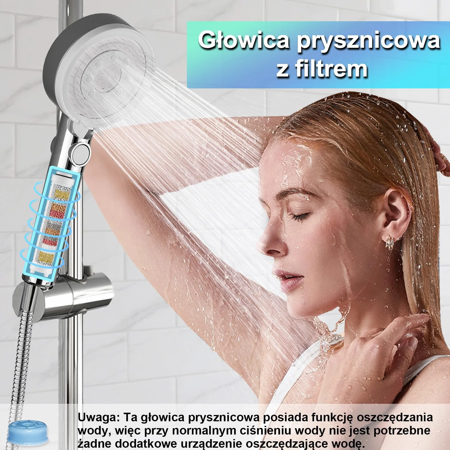 Słuchawka Prysznicowa z Filtrem – Wysokociśnieniowa Słuchawka Prysznicowa, Głowica Prysznicowa z 5 Rodzajami, Funkcja Zatrzymywania, Oszczędzająca Wodę Słuchawka Prysznicowa, Chrom Biały