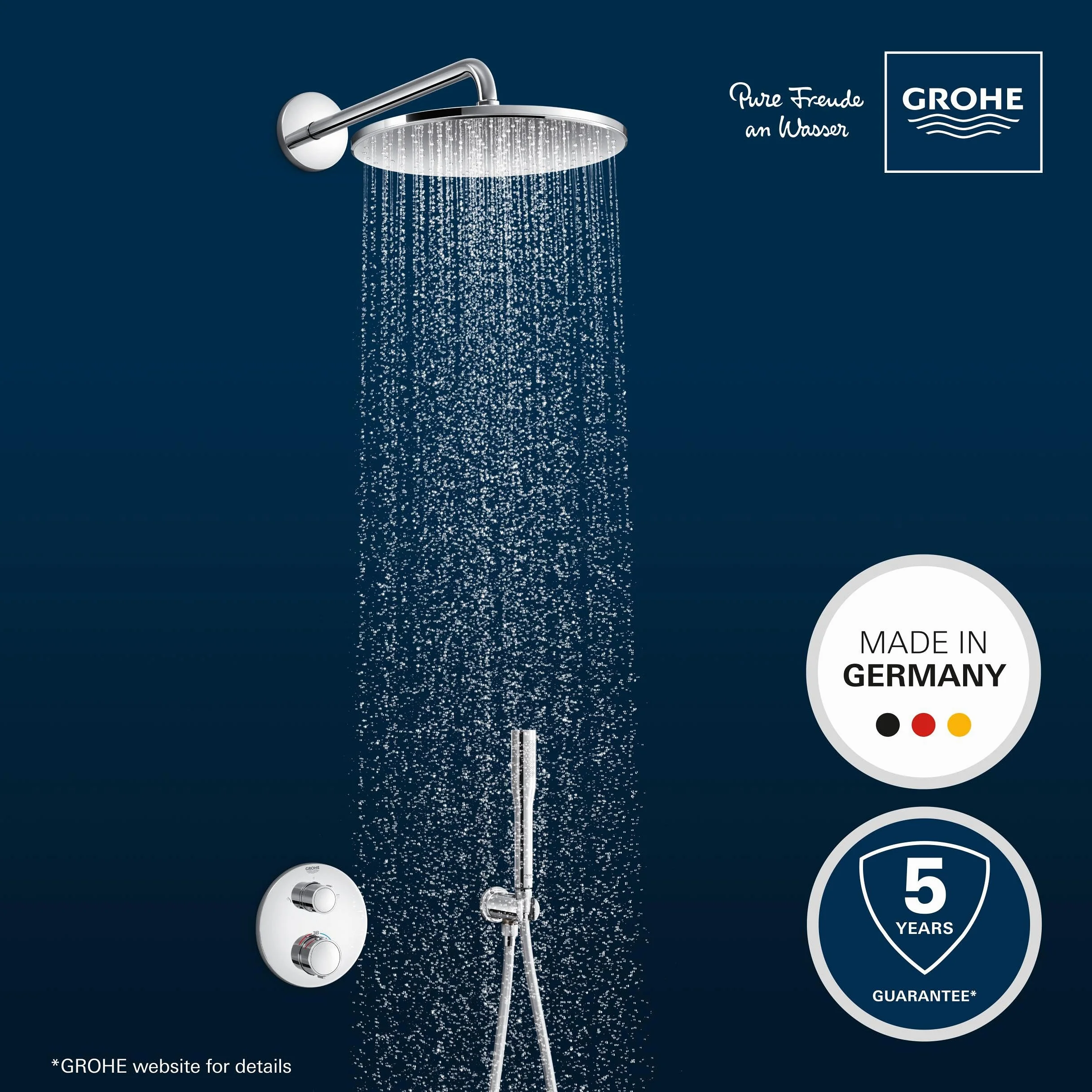 GROHE Precision 310 – system prysznicowy (głowica prysznicowa 310 mm z 1 rodzajem strumienia, 1 strumień, uniwersalne pudełko do zabudowy, wąż prysznicowy 150 cm), okrągły, chrom, 34880000