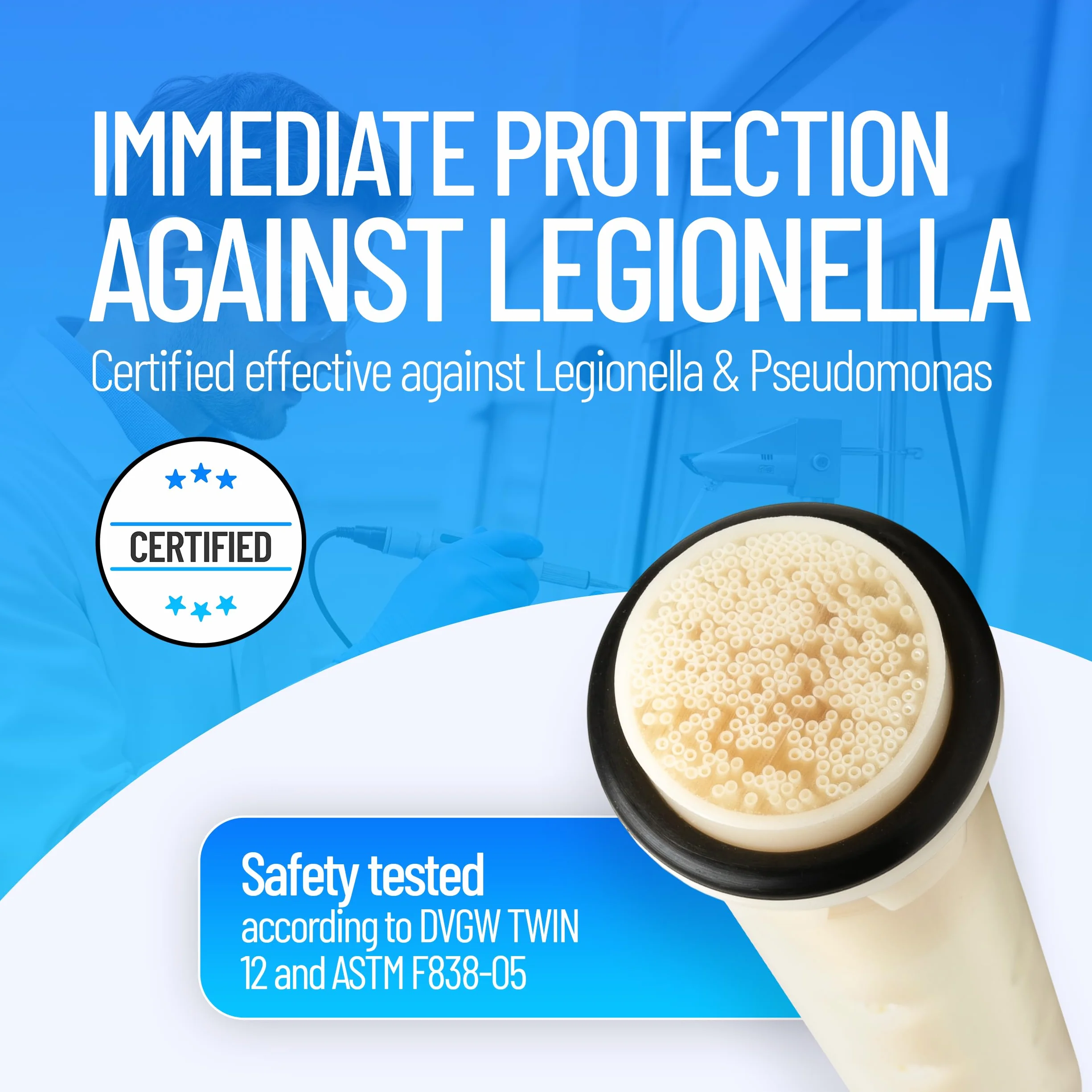 Filtr legionelli, certyfikowany filtr zamienny do Safety Chrom, niezawodnie filtruje legionellę, technologia medyczna