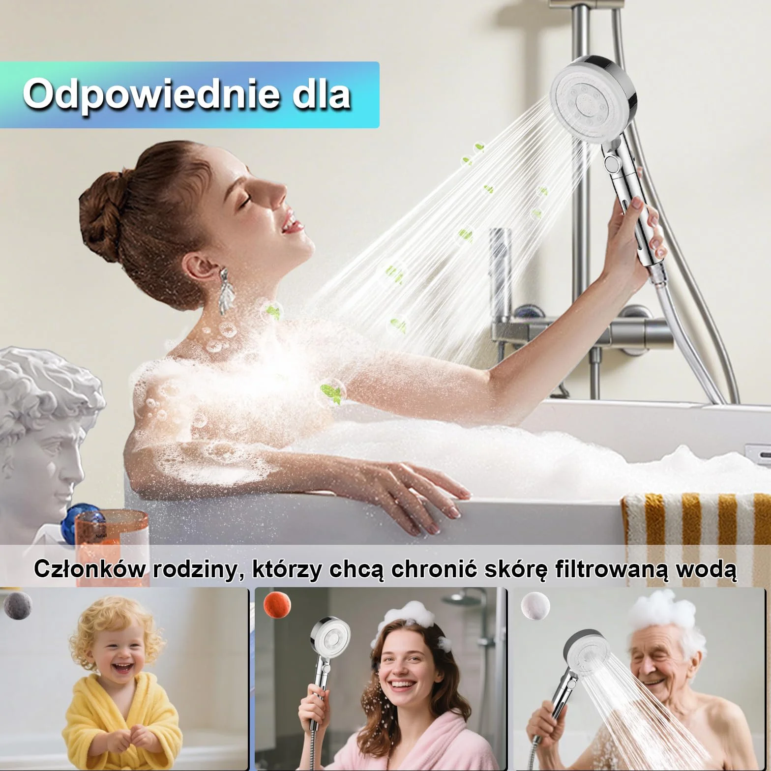 Słuchawka Prysznicowa z Filtrem – Wysokociśnieniowa Słuchawka Prysznicowa, Głowica Prysznicowa z 5 Rodzajami, Funkcja Zatrzymywania, Oszczędzająca Wodę Słuchawka Prysznicowa, Chrom Biały