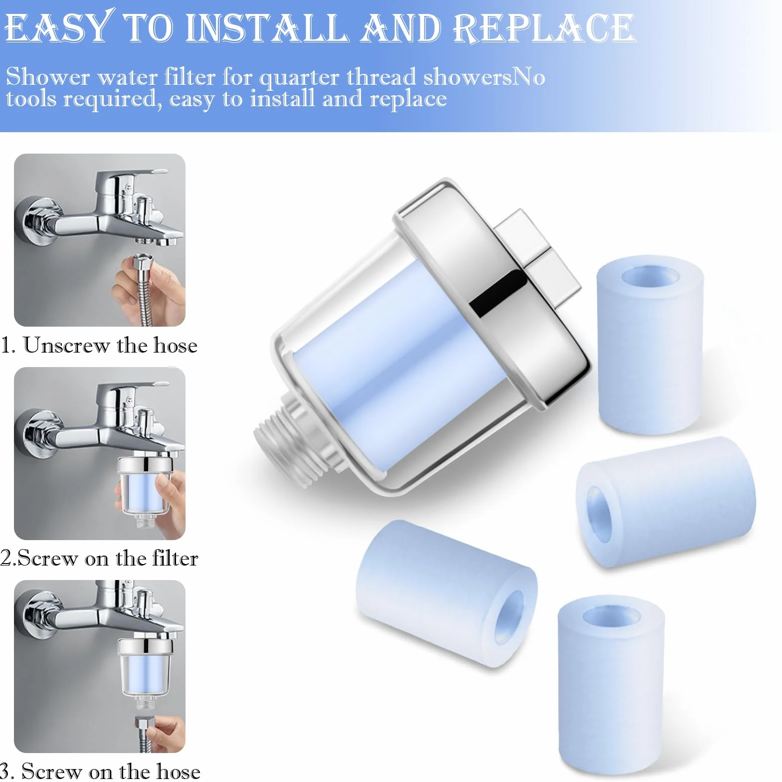 Filtr prysznicowy RUNEAY, filtr do prysznica z węglankami, filtr prysznicowy z 1 taśmą teflonową i 6 wkładami filtra, filtr wody do prysznica Water Filter Shower Filtr prysznicowy