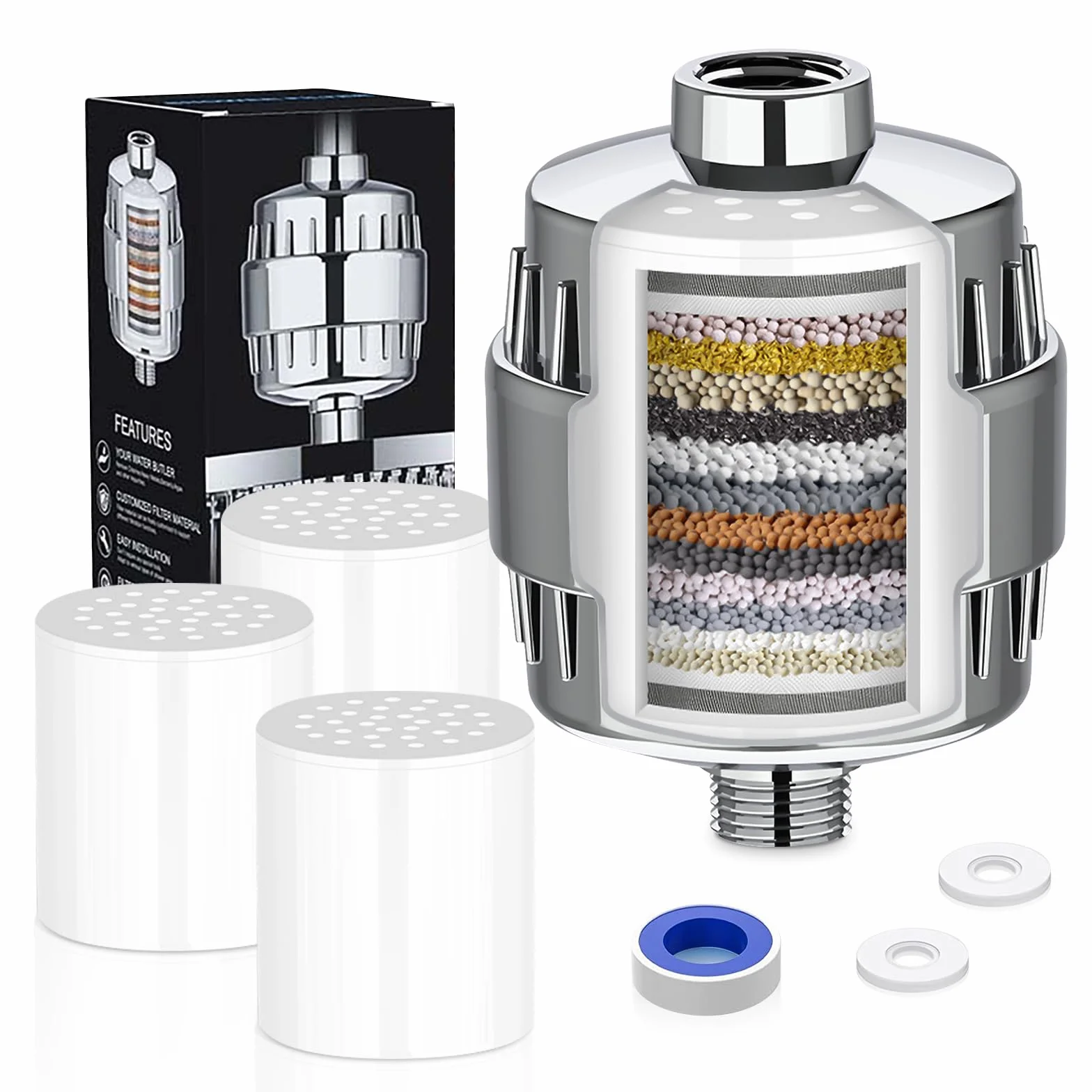 20-stopniowy filtr do prysznica, filtr kamienia, filtr prysznicowy, głowica prysznicowa, filtr wody z 3 wymiennymi wkładami filtrującymi do usuwania chloru i metali ciężkich