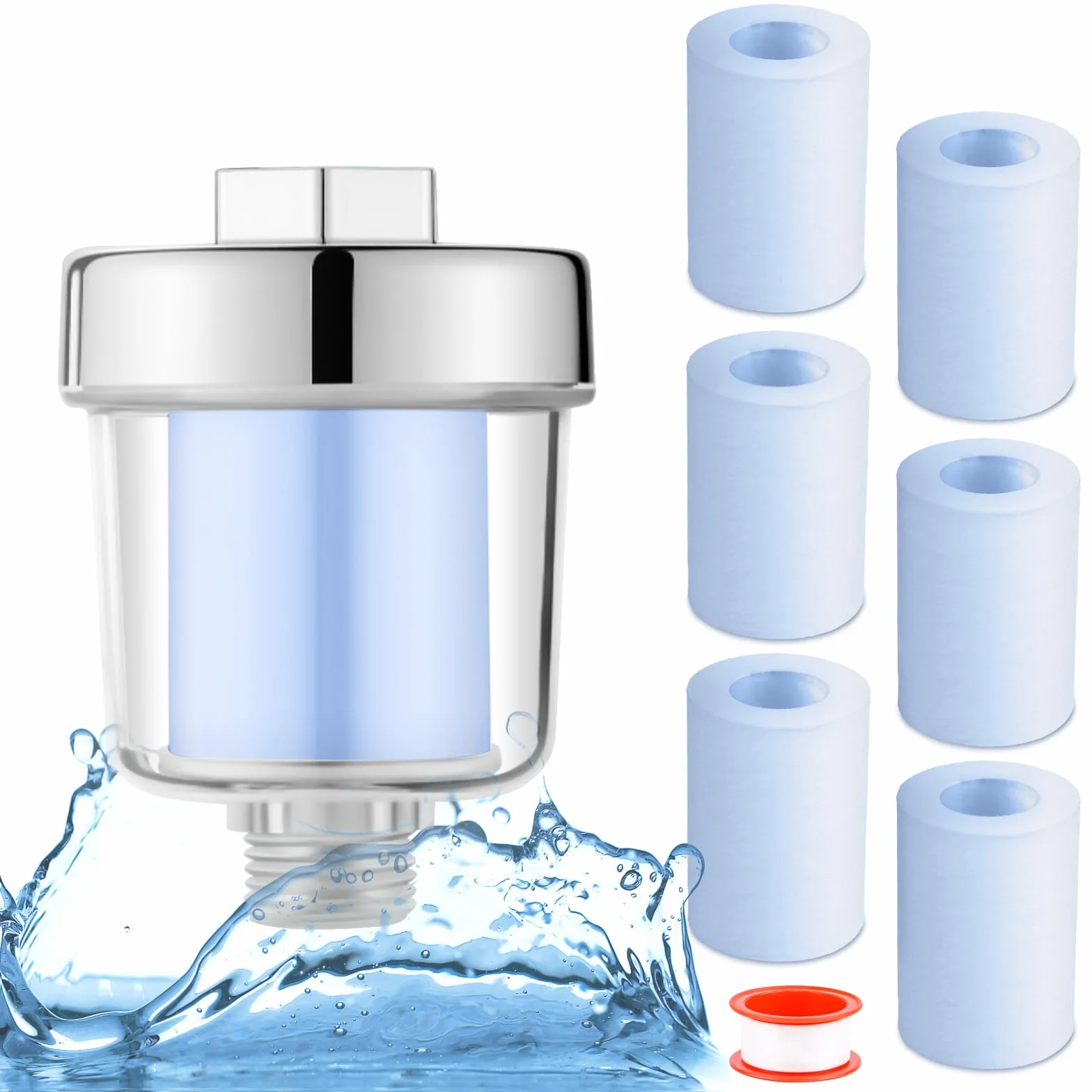 Filtr prysznicowy RUNEAY, filtr do prysznica z węglankami, filtr prysznicowy z 1 taśmą teflonową i 6 wkładami filtra, filtr wody do prysznica Water Filter Shower Filtr prysznicowy