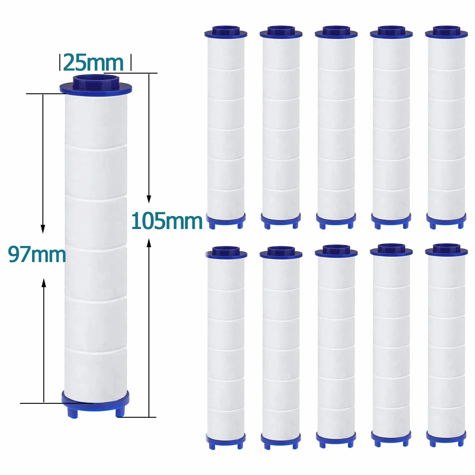 10 sztuk bawełnianych filtrów PP do głowicy prysznicowej, usuwanie resztek chloru, osadów, filtrowane, 10,5 x 2,5 cm, uniwersalny filtr do głowicy prysznicowej (10,5 x 2,5 cm)