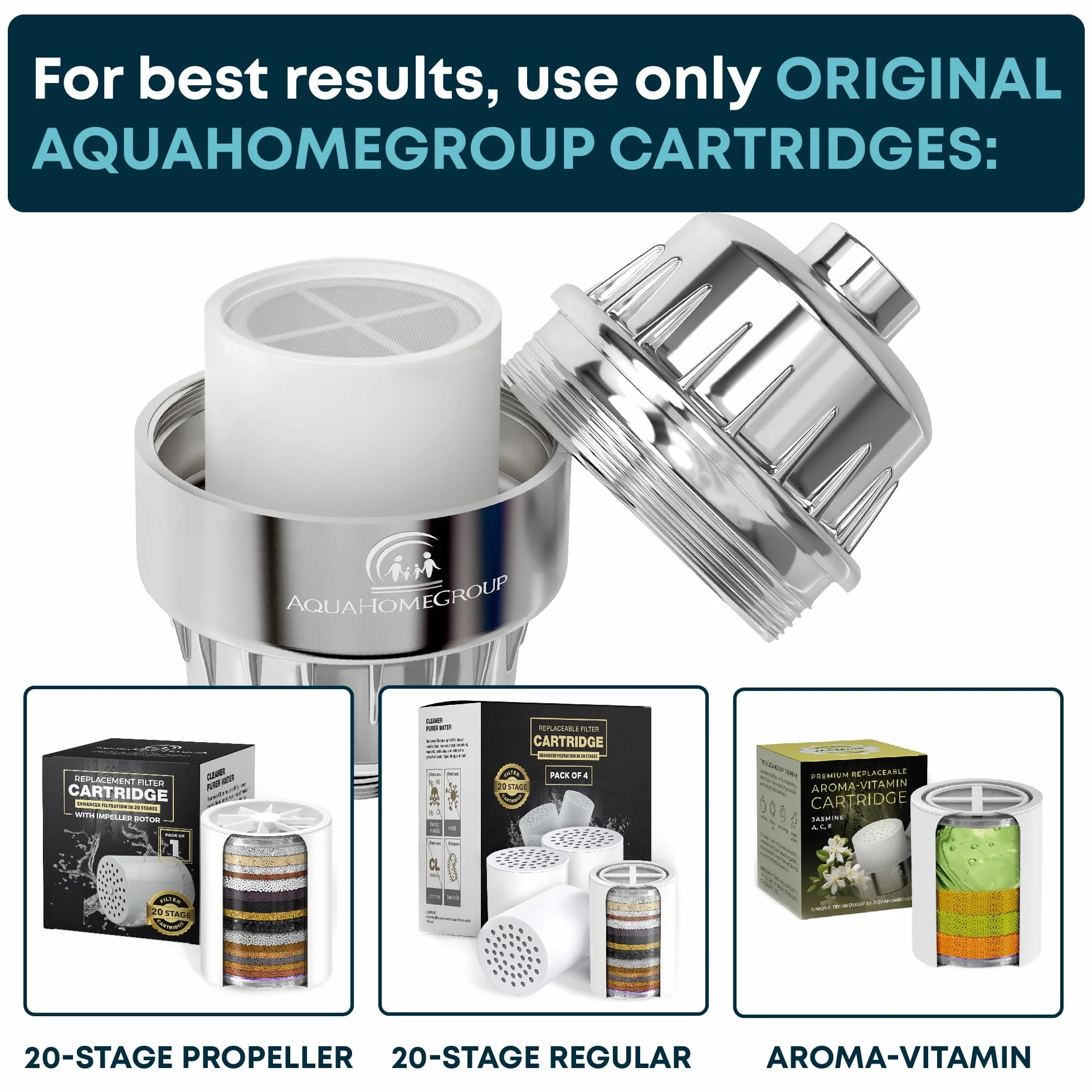 AquaHomeGroup 20-stopniowy filtr prysznicowy z witaminą C – filtr do wody do usuwania chloru i fluoru – w zestawie 2 nasadki – stały przepływ wody, głowica prysznicowa, filtr osadowy