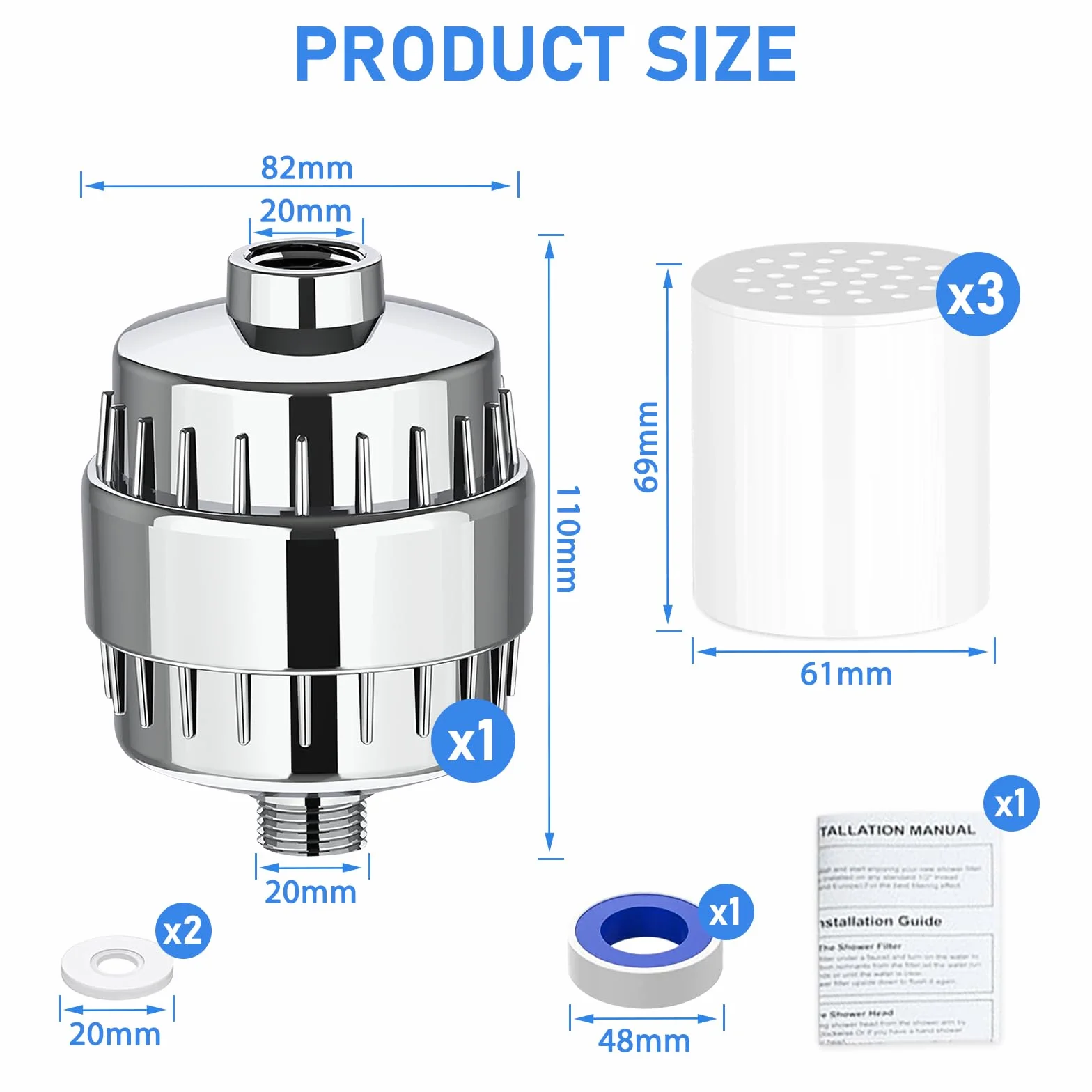 20-stopniowy filtr do prysznica, filtr kamienia, filtr prysznicowy, głowica prysznicowa, filtr wody z 3 wymiennymi wkładami filtrującymi do usuwania chloru i metali ciężkich
