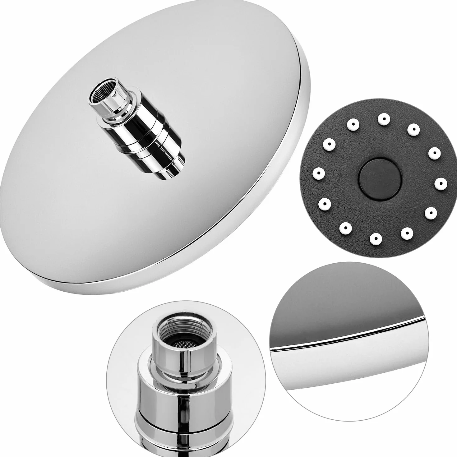 QWORK® Głowica prysznicowa z deszczownicą 25 cm, wysokociśnieniowa chromowana głowica prysznicowa 360°, okrągła głowica prysznicowa
