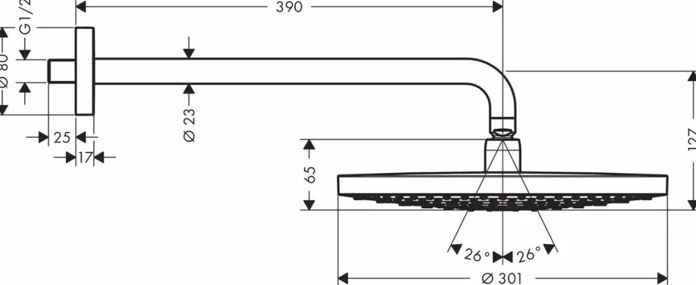 hansgrohe Raindance Select S - deszczownica prysznicowa z ramieniem prysznicowym, głowica prysznicowa okrągła (⌀ 300 mm) z 2-strumieniowa dla montażu ściennego, chrom, 27378000