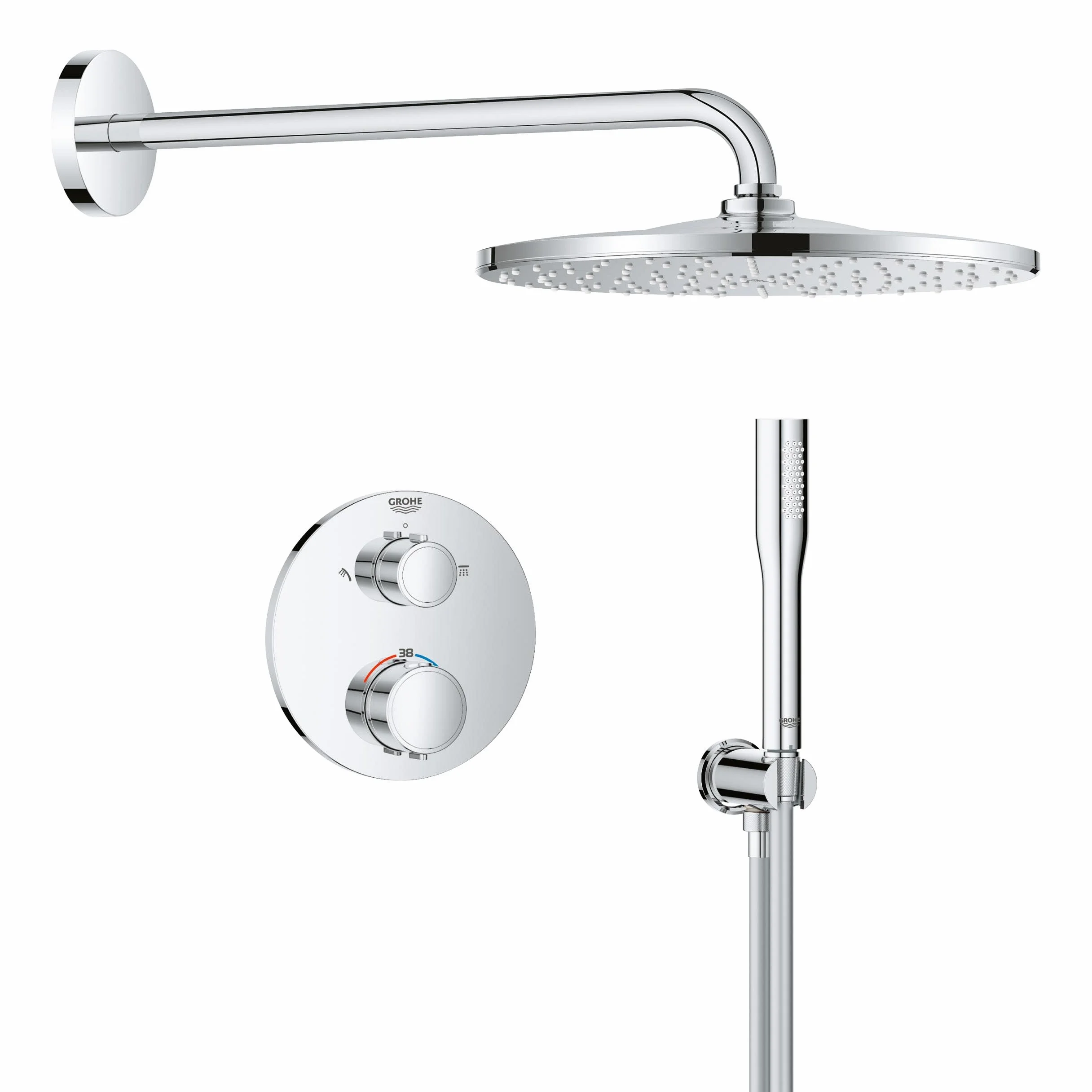 GROHE Precision 310 – system prysznicowy (głowica prysznicowa 310 mm z 1 rodzajem strumienia, 1 strumień, uniwersalne pudełko do zabudowy, wąż prysznicowy 150 cm), okrągły, chrom, 34880000