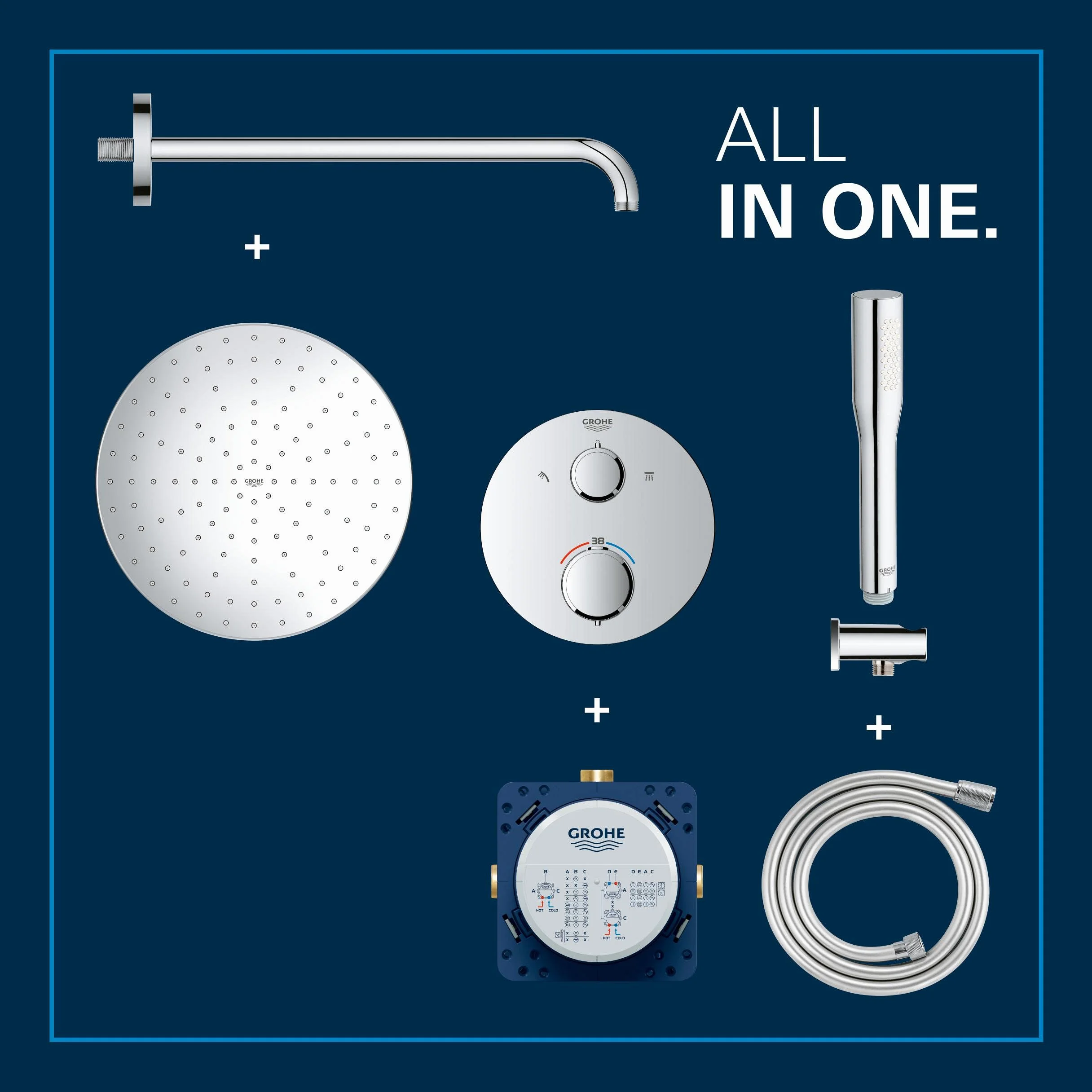 GROHE Precision 310 – system prysznicowy (głowica prysznicowa 310 mm z 1 rodzajem strumienia, 1 strumień, uniwersalne pudełko do zabudowy, wąż prysznicowy 150 cm), okrągły, chrom, 34880000