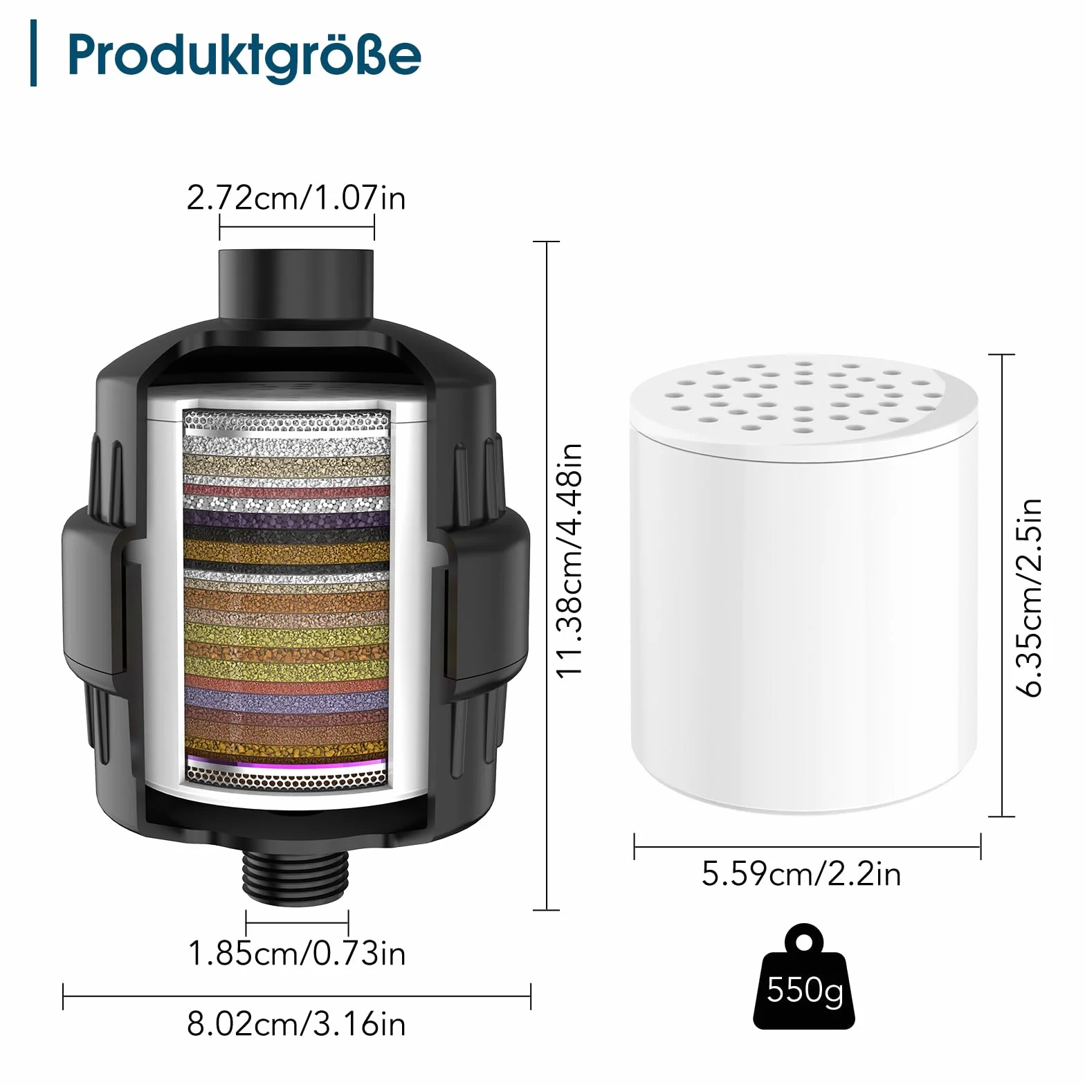 MEKO 36-stopniowy filtr prysznicowy z witaminą C, filtr wody z wymiennymi wkładami filtrującymi do usuwania twardej wody, resztkowego chloru i metali ciężkich, czarny