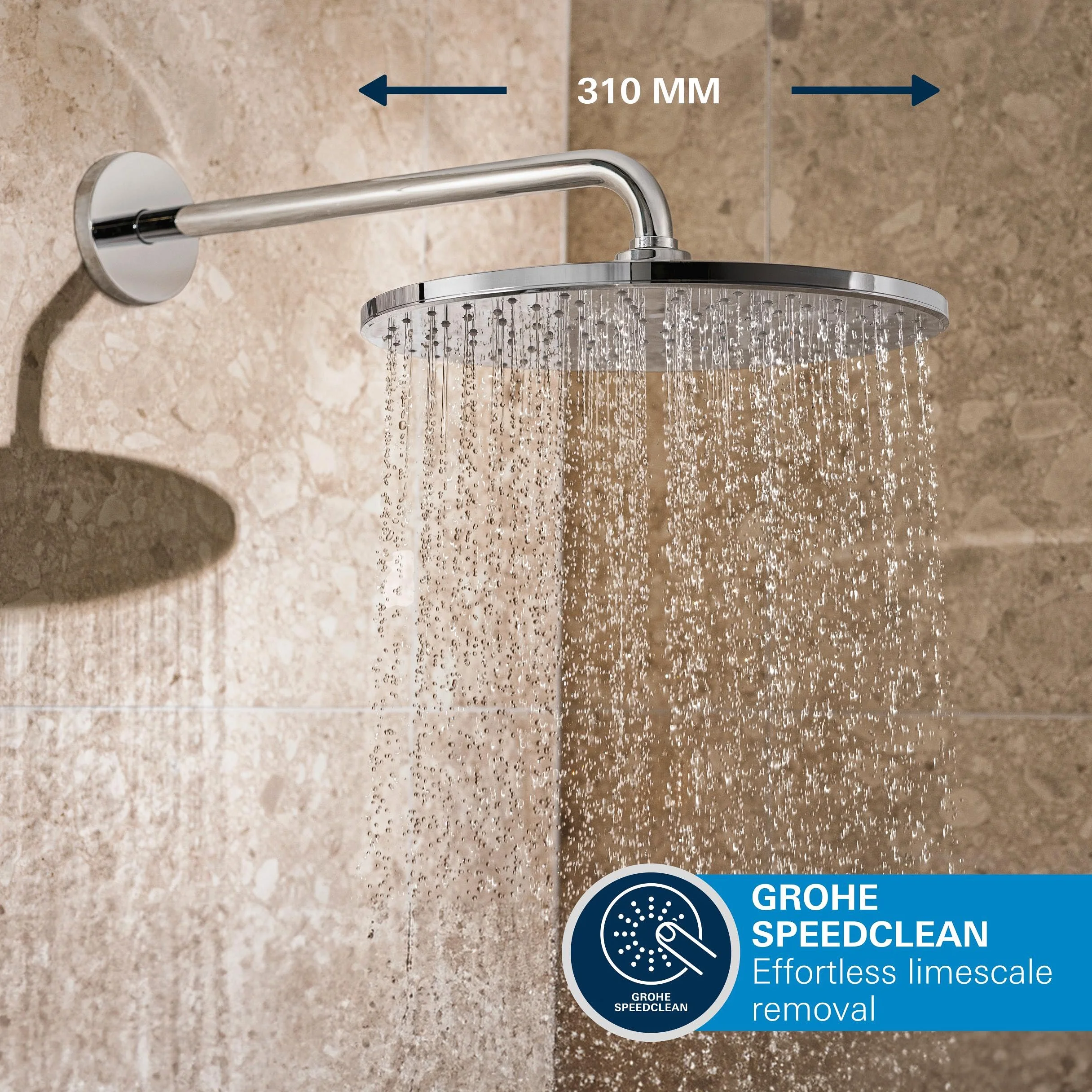 GROHE Precision 310 – system prysznicowy (głowica prysznicowa 310 mm z 1 rodzajem strumienia, 1 strumień, uniwersalne pudełko do zabudowy, wąż prysznicowy 150 cm), okrągły, chrom, 34880000