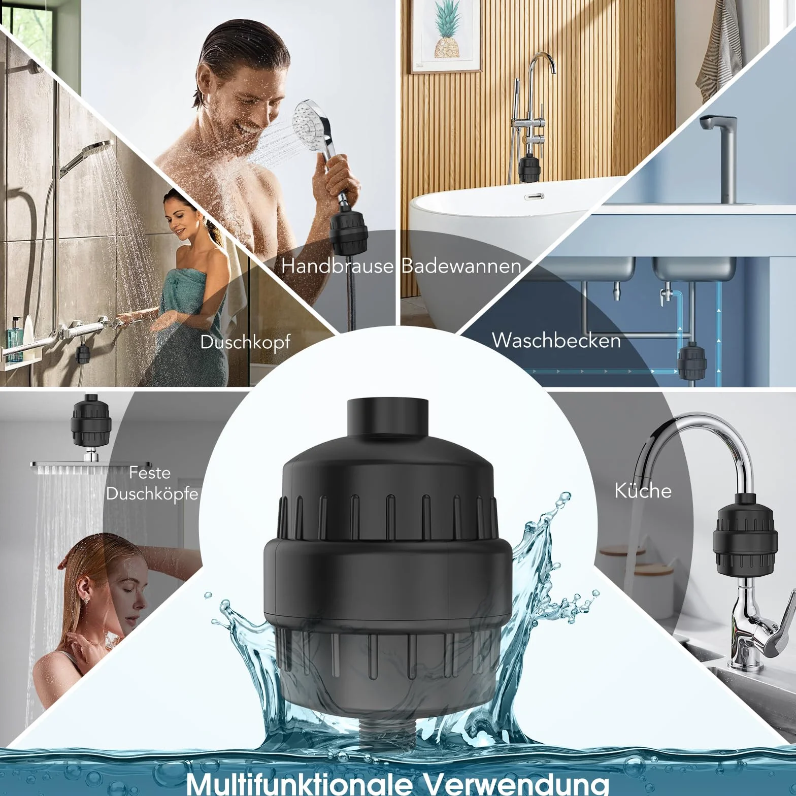 MEKO 36-stopniowy filtr prysznicowy z witaminą C, filtr wody z wymiennymi wkładami filtrującymi do usuwania twardej wody, resztkowego chloru i metali ciężkich, czarny
